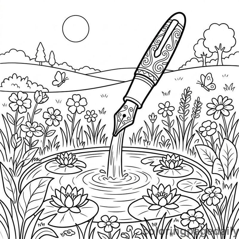 Magical Fountain Pen Pond - Daily printable coloring page in Scenery category