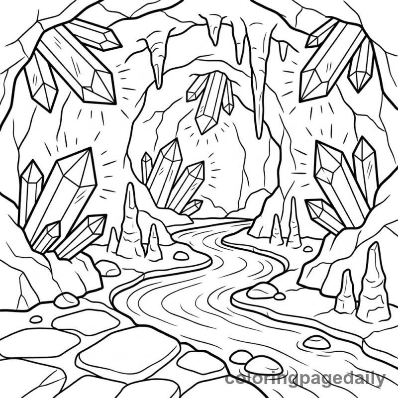 The Crystal Cave Stream - Daily printable coloring page in Scenery category