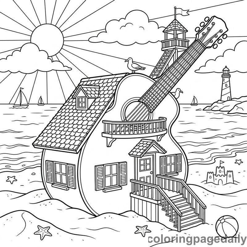 Magical Guitar Beach House - Daily printable coloring page in Scenery category