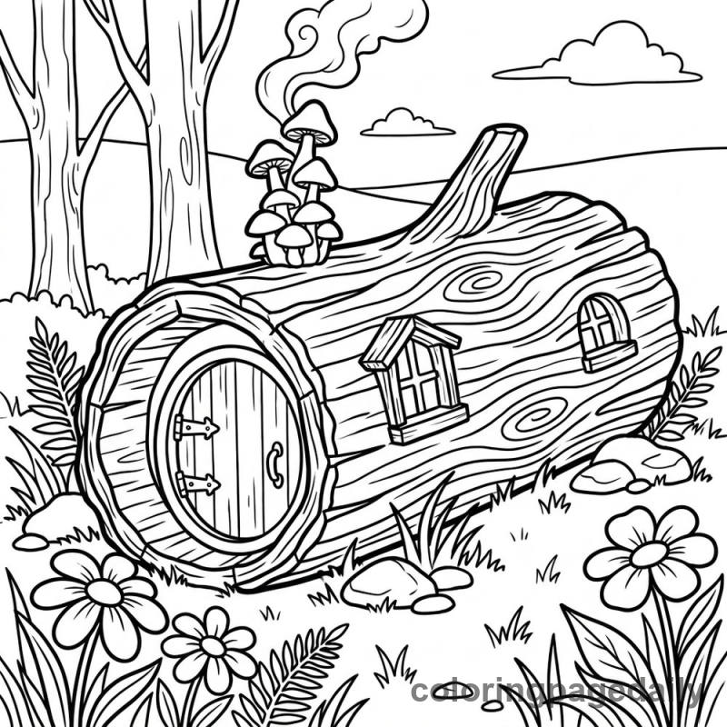Magical Hollow Log Home - Daily printable coloring page in Scenery category