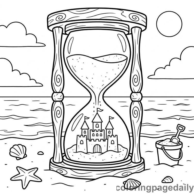 Magical Hourglass Beach Sandcastle - Daily printable coloring page in Scenery category