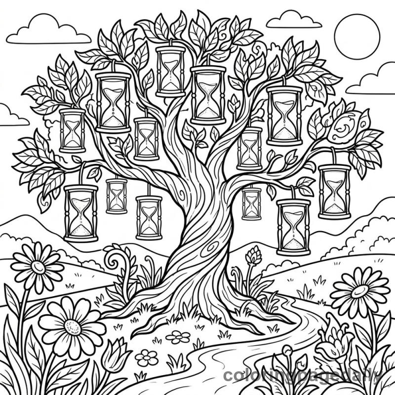 Magical Hourglass Tree - Daily printable coloring page in Scenery category