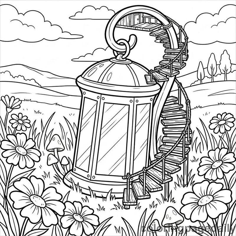 Magical Lantern In Meadow - Daily printable coloring page in Scenery category