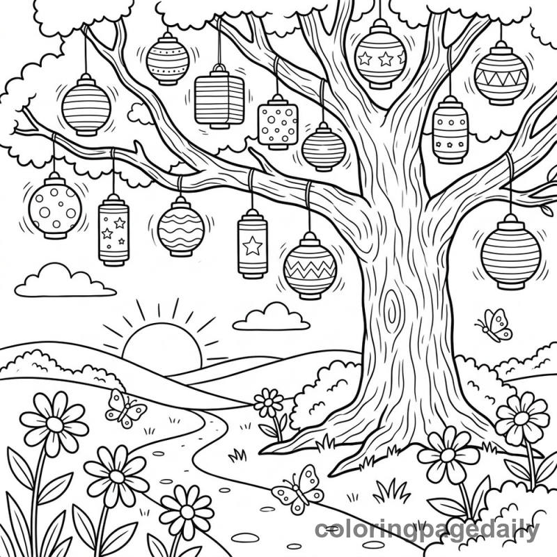 Magical Lantern Tree - Daily printable coloring page in Scenery category