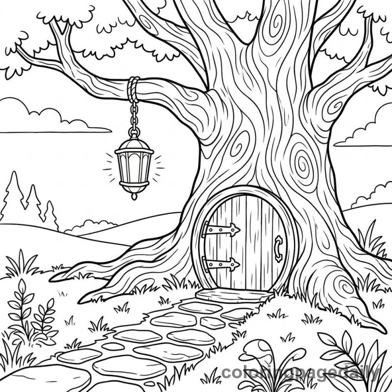 The Magical Lantern Tree - Daily printable coloring page in Scenery category