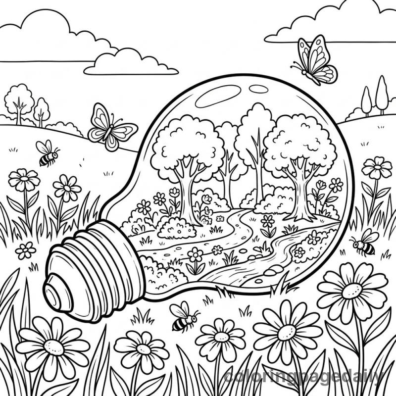 Magical Lightbulb Terrarium - Daily printable coloring page in Scenery category