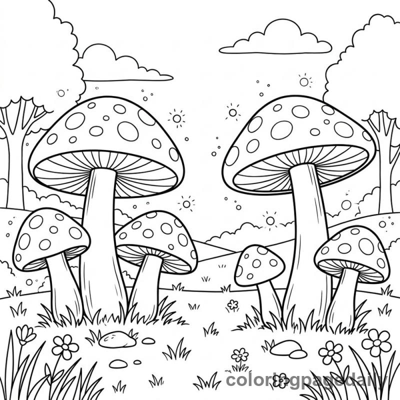 Magical Mushroom Meadow - Daily printable coloring page in Scenery category