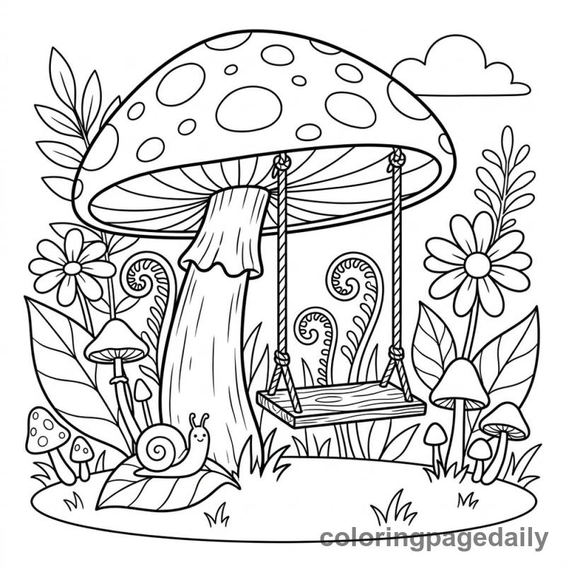 Magical Mushroom Swing - Daily printable coloring page in Scenery category
