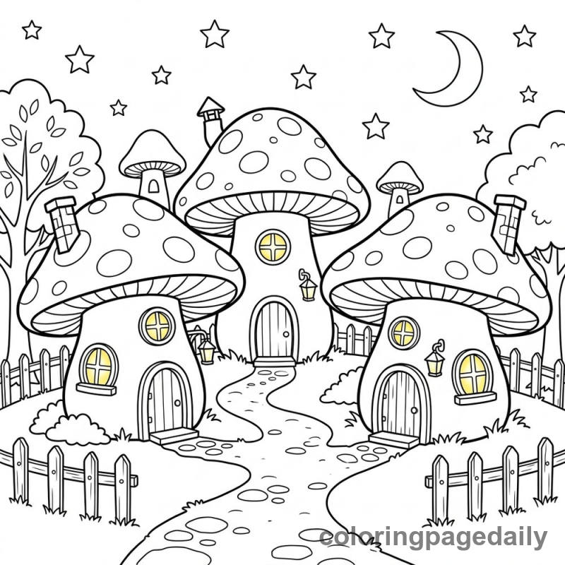 The Magical Mushroom Village - Daily printable coloring page in Scenery category