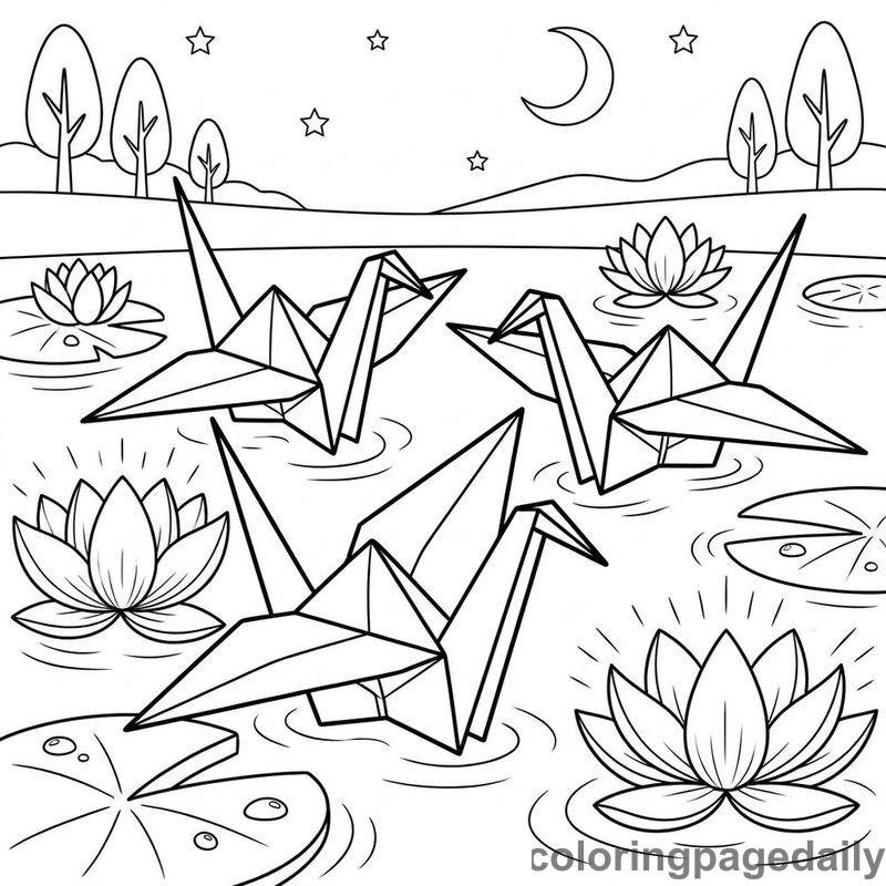 Magical Origami Crane Pond - Daily printable coloring page in Scenery category