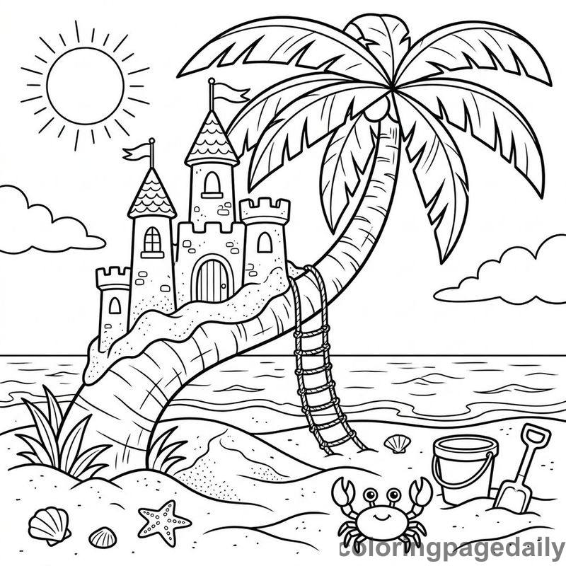 Magical Palm Tree Sandcastle - Daily printable coloring page in Scenery category