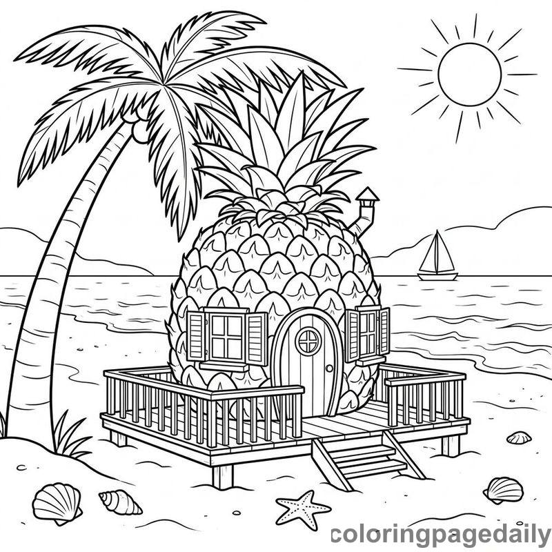 Magical Pineapple Beach House - Daily printable coloring page in Scenery category