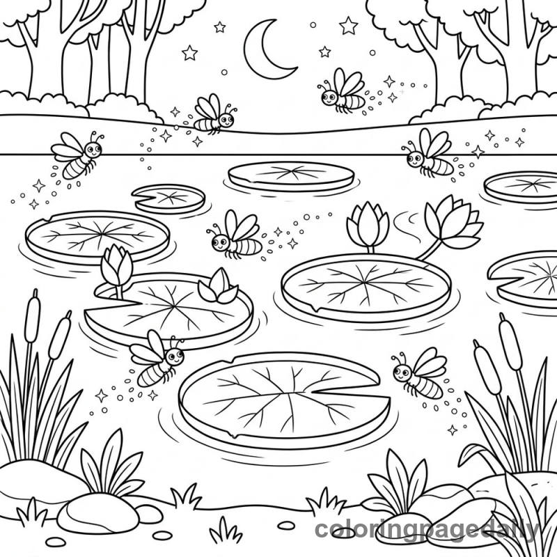 Firefly Lily Pad Pond - Daily printable coloring page in Scenery category