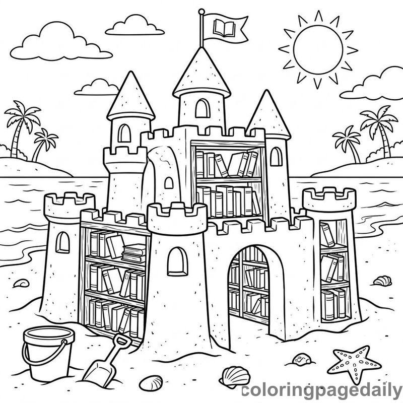 Magical Sandcastle Beach Library - Daily printable coloring page in Scenery category