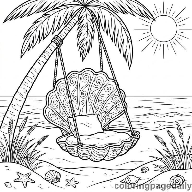 Magical Seashell Beach Swing - Daily printable coloring page in Scenery category
