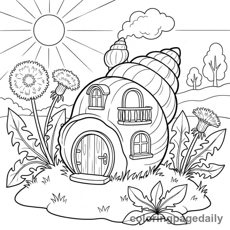Magical Seashell Spring House - Daily printable coloring page in Scenery category