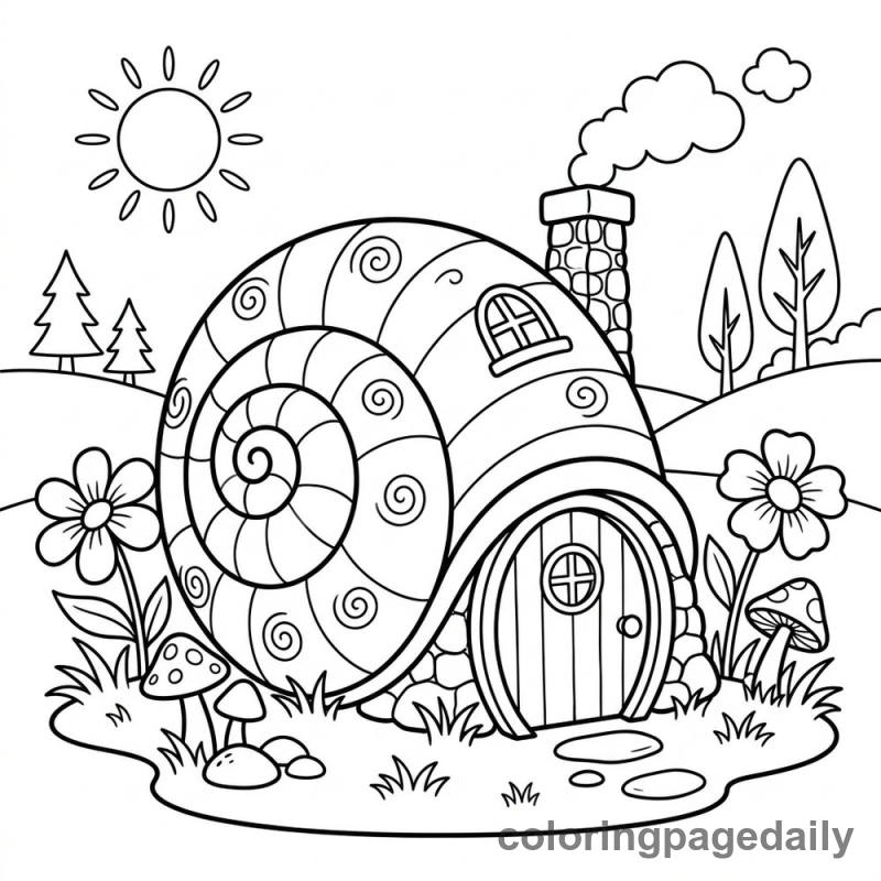 Magical Snail Shell House - Daily printable coloring page in Scenery category