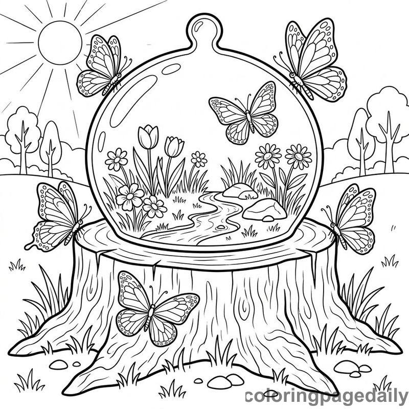 Magical Spring Terrarium Stump - Daily printable coloring page in Scenery category