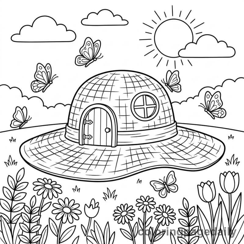 Magical Sun Hat House - Daily printable coloring page in Scenery category