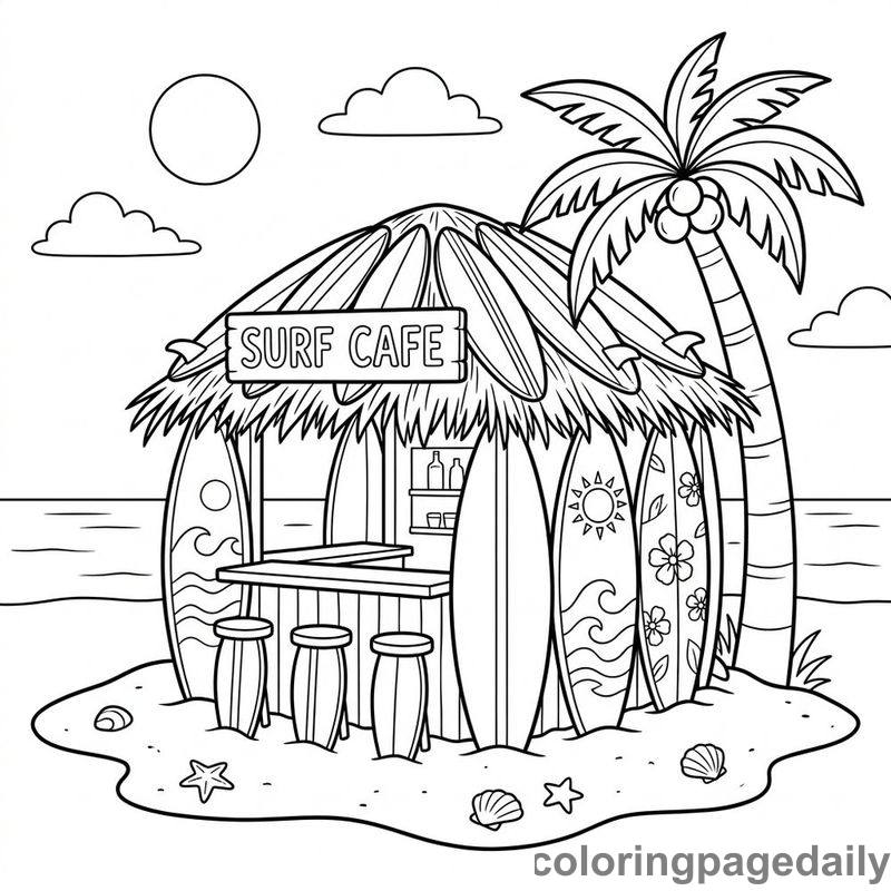 Magical Surfboard Beach Cafe - Daily printable coloring page in Scenery category
