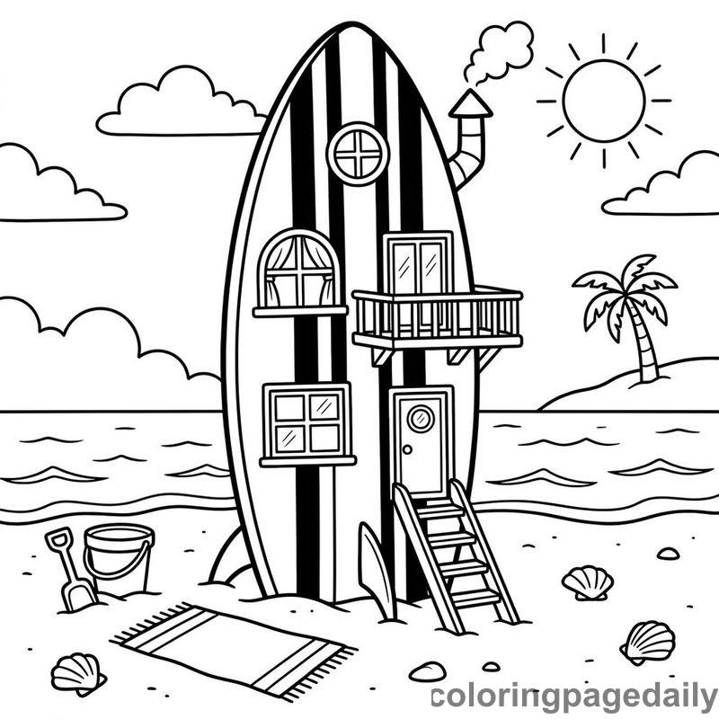 Magical Surfboard Beach House - Daily printable coloring page in Scenery category