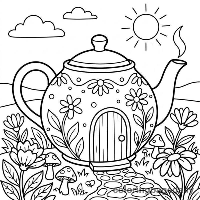 Magical Teapot House - Daily printable coloring page in Scenery category