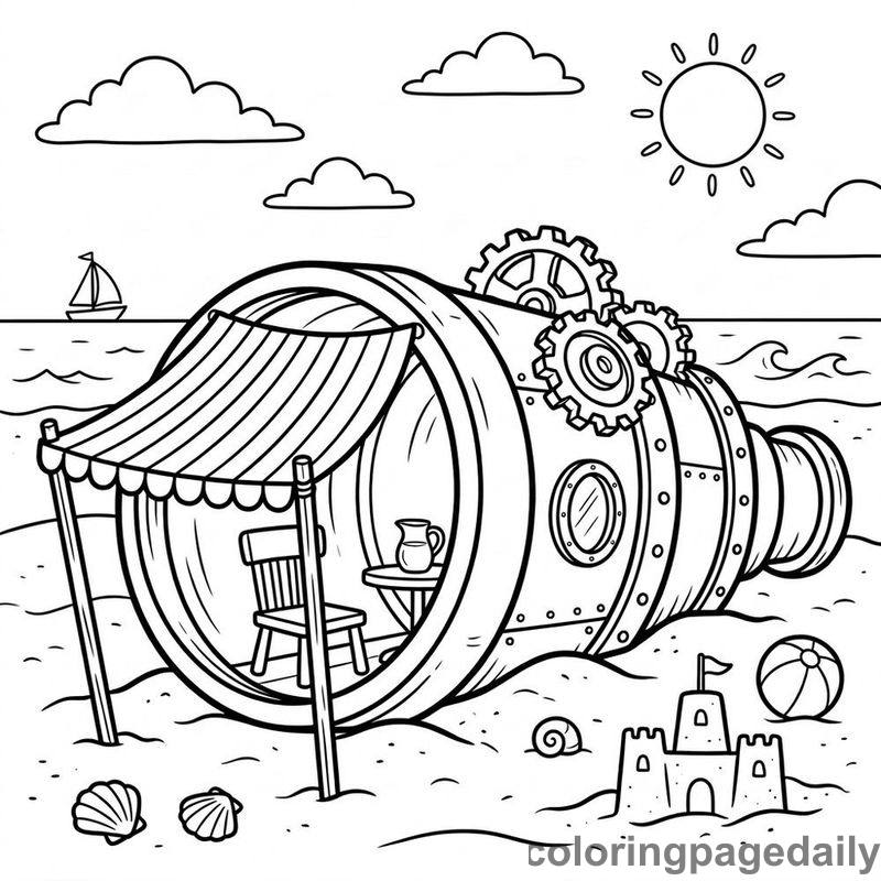 The Secret Seashore Telescope House - story illustration coloring page