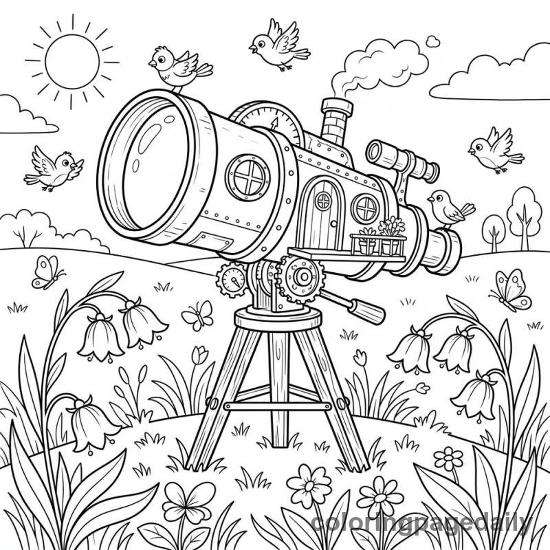 Magical Telescope Spring House - Daily printable coloring page in Scenery category