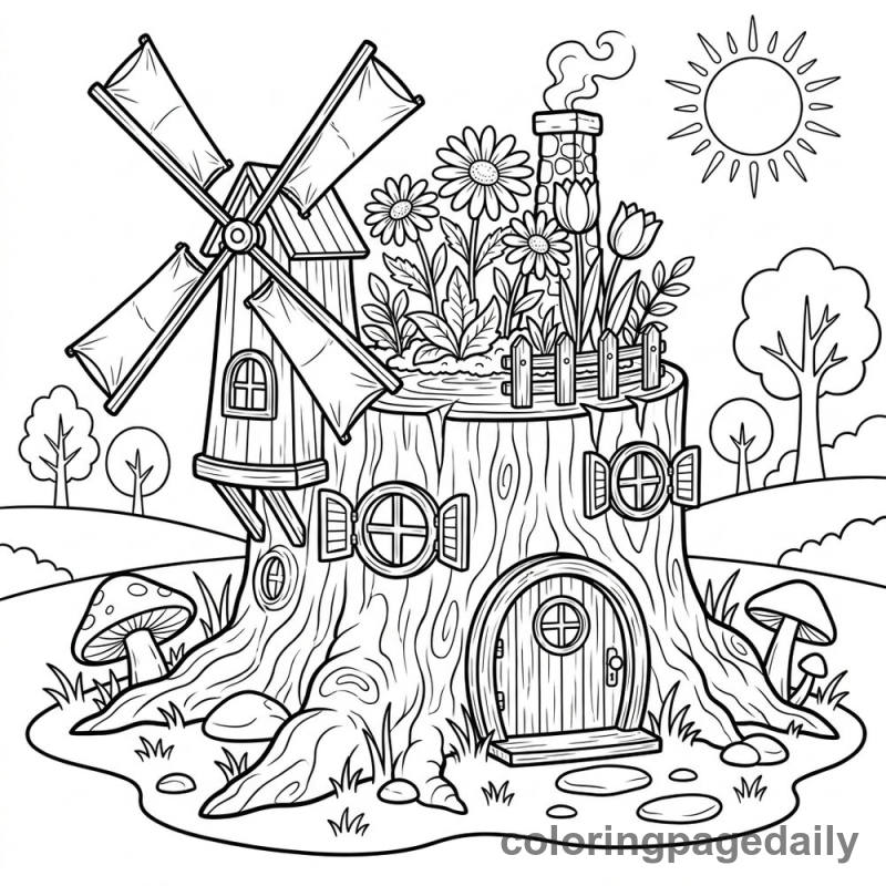 Magical Tree Stump Windmill House - Daily printable coloring page in Scenery category