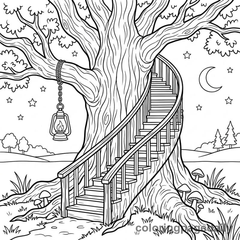 Magical Tree With Winding Staircase - Daily printable coloring page in Scenery category
