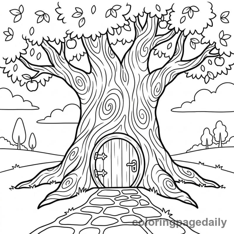 The Magical Treehouse Door - Daily printable coloring page in Scenery category