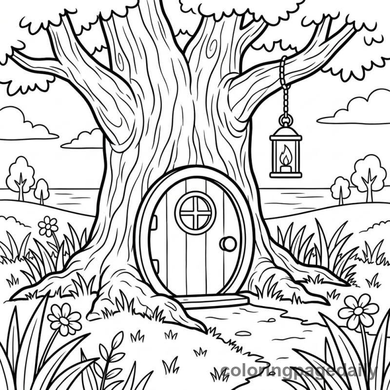 The Magical Treehouse Door - Daily printable coloring page in Scenery category