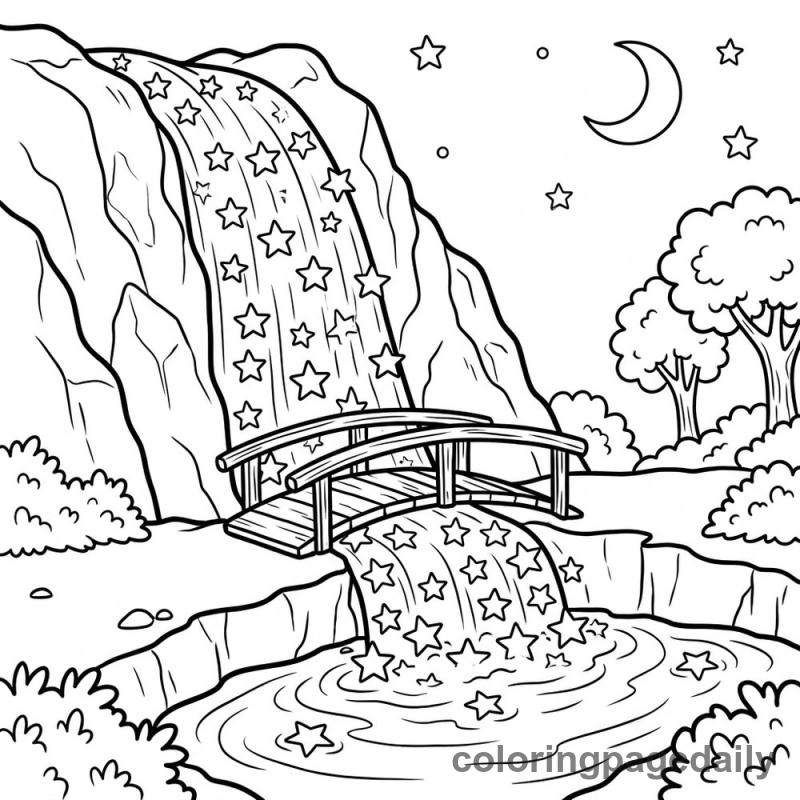 The Waterfall of Stars - Daily printable coloring page in Scenery category