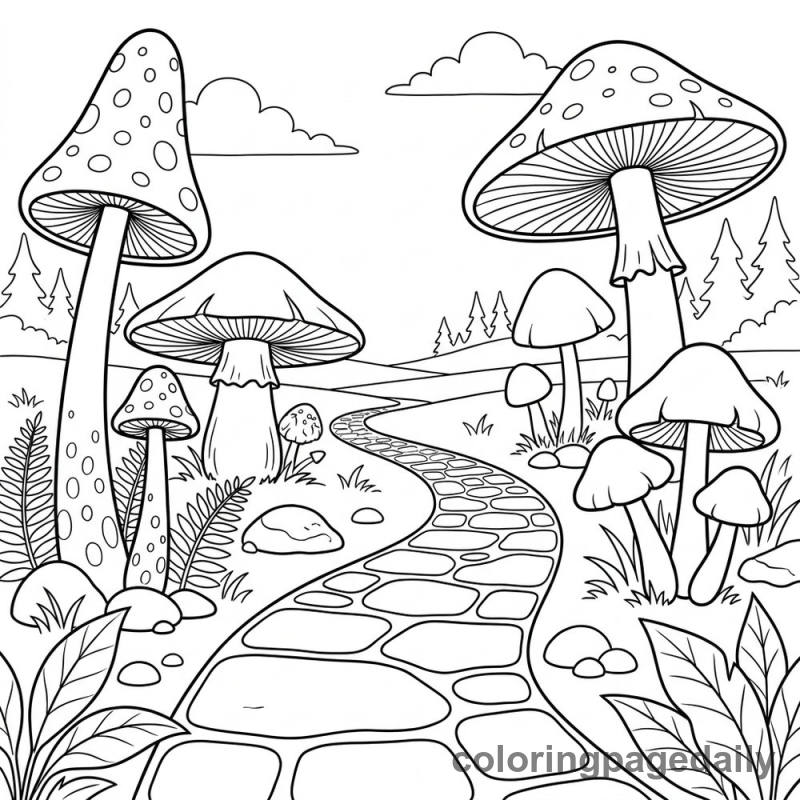 The Mushroom Path - Daily printable coloring page in Scenery category