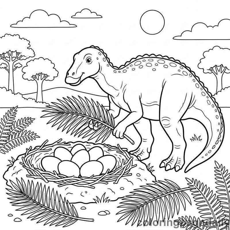 Maiasaura Arranging Nest Leaves - Daily printable coloring page in Dinosaur category