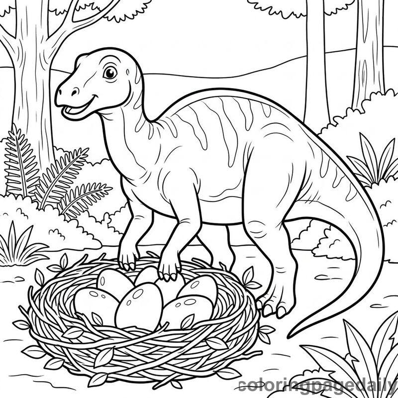 Maiasaura Guarding Eggs - Daily printable coloring page in Dinosaur category