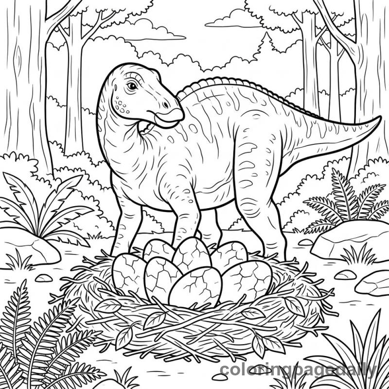 Maiasaura Guarding Nest - Daily printable coloring page in Dinosaur category