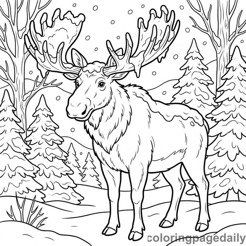 Majestic Moose In Winter Snow - Daily printable coloring page in Winter and Snow Season category