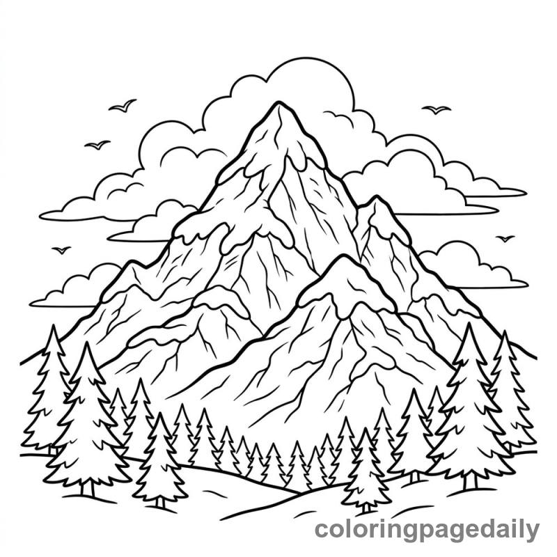 Majestic Snowy Mountain - Daily printable coloring page in Winter and Snow Season category
