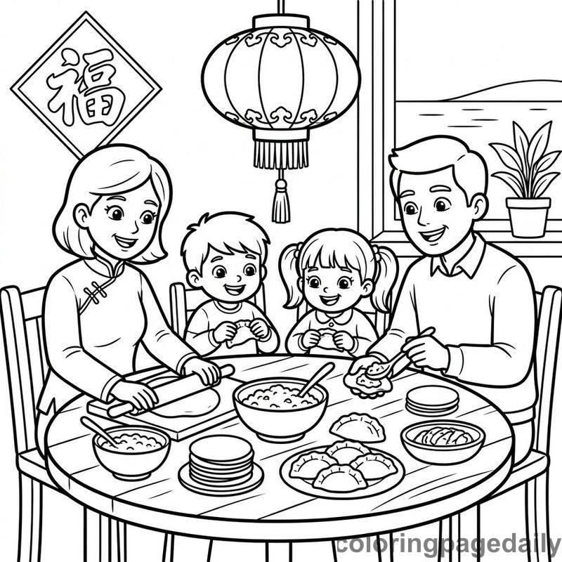Making New Year Dumplings - Daily printable coloring page in Chinese New Year category