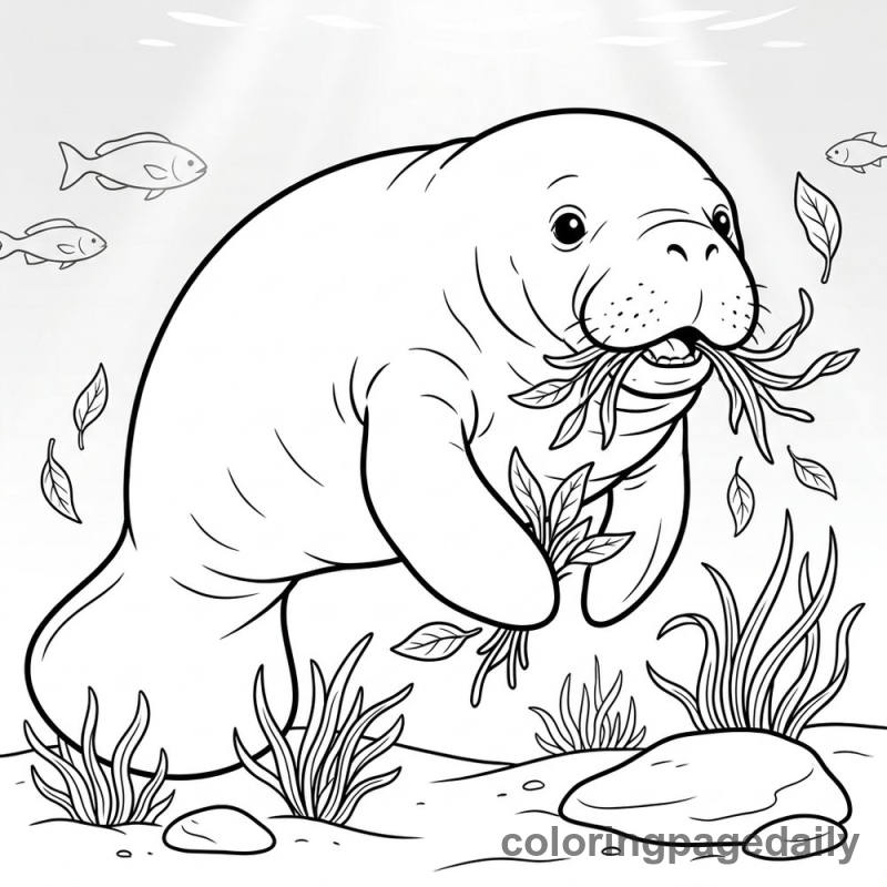 Manatee Eating Seagrass - Daily printable coloring page in Ocean and Underwater Life category