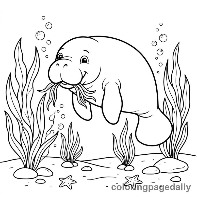 Manatee Eating Seagrass - Daily printable coloring page in Ocean and Underwater Life category