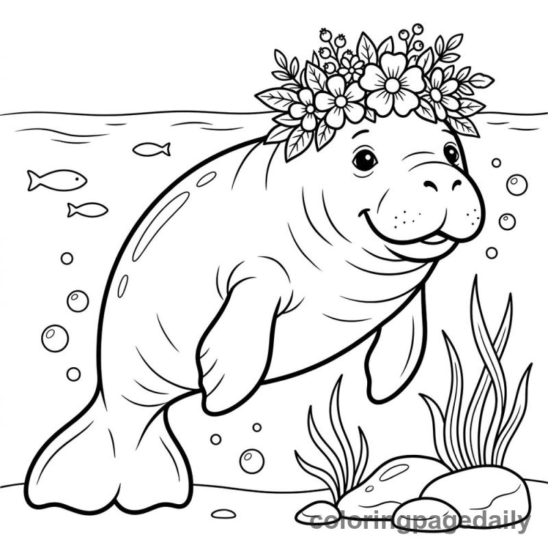 Manatee Flower Crown - Daily printable coloring page in Ocean and Underwater Life category