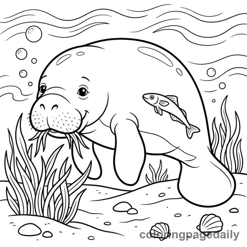 Manatee Grazing On Seagrass - Daily printable coloring page in Ocean and Underwater Life category