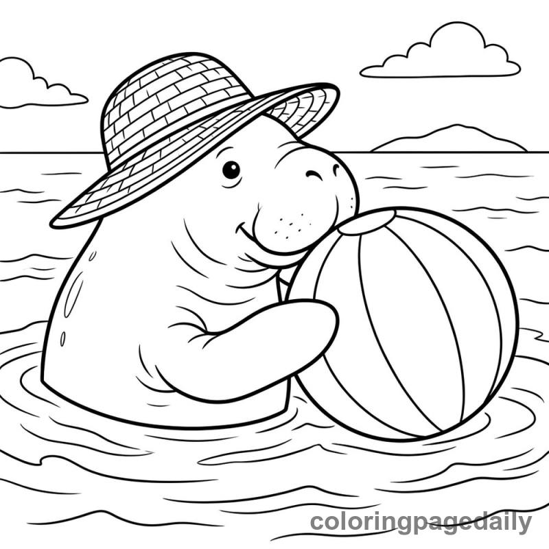 Manatee Playing With Beach Ball - Daily printable coloring page in Ocean and Underwater Life category