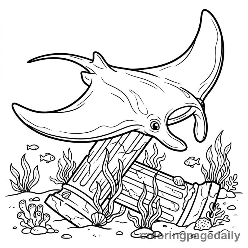 Manta Ray Exploring Ancient Column - Daily printable coloring page in Ocean and Underwater Life category