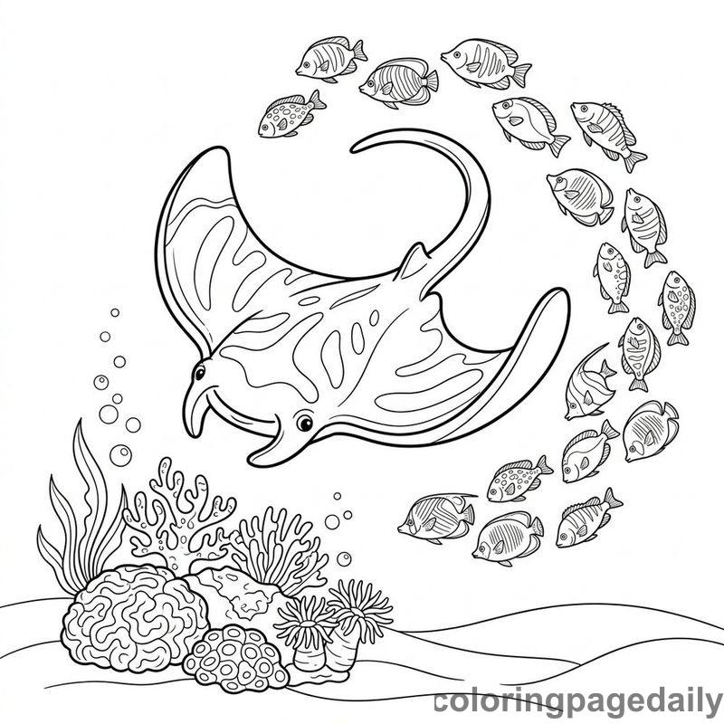 Manta Ray Fish School - Daily printable coloring page in Ocean and Underwater Life category