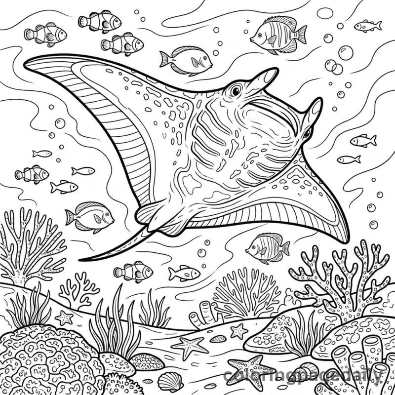 Manta Ray Gliding - Daily printable coloring page in Ocean and Underwater Life category