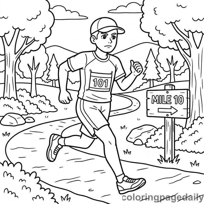 Marathon Runner On Park Trail - Daily printable coloring page in Sports category