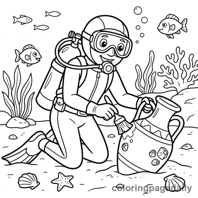 Marine Archaeologist Cleaning Vase - Daily printable coloring page in Professions category